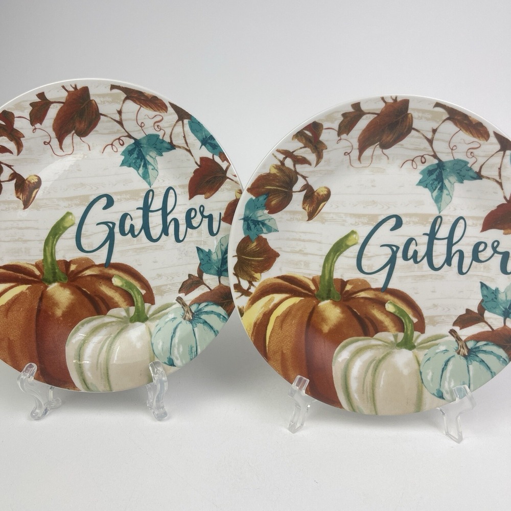 Royal Norfolk Salad Plates Gather Pumpkins Fall Leaves Thanksgiving Set Of 2 7"